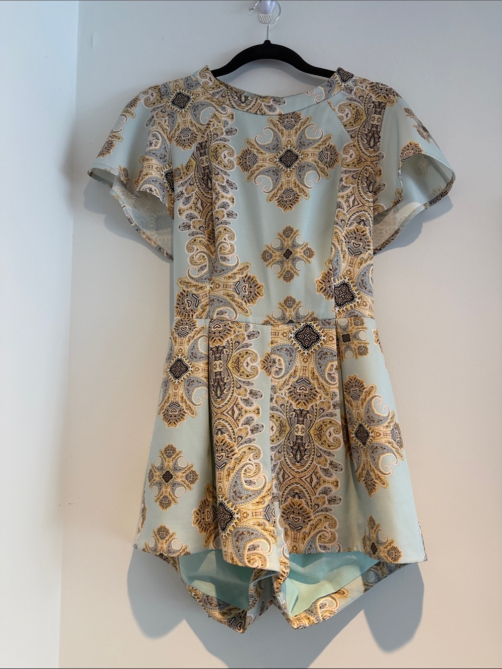 Women' Light Blue Paisley Romper with tie back feature